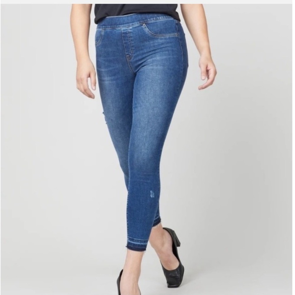 Spanx Jean-ish Ankle Leggings Blue Distressed Raw Hem 20203R  L